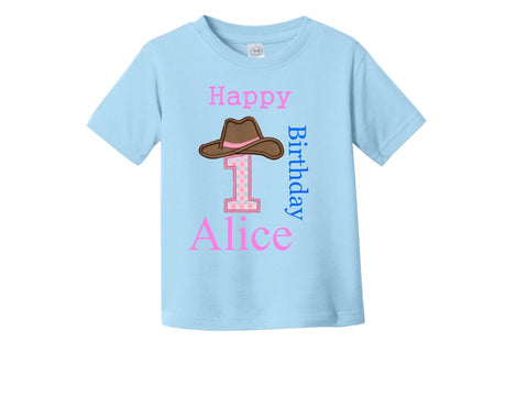 Light blue birthday number 1 shirt with cowboy hat 