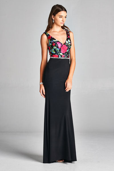Sleeveless floral v-neck stretch fabric a-line floor length black dress